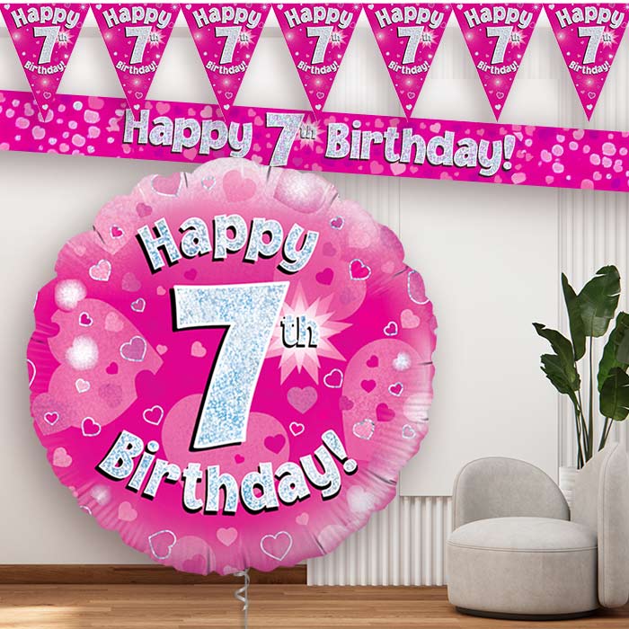 Pink Hearts 7th Birthday Banners and Balloon