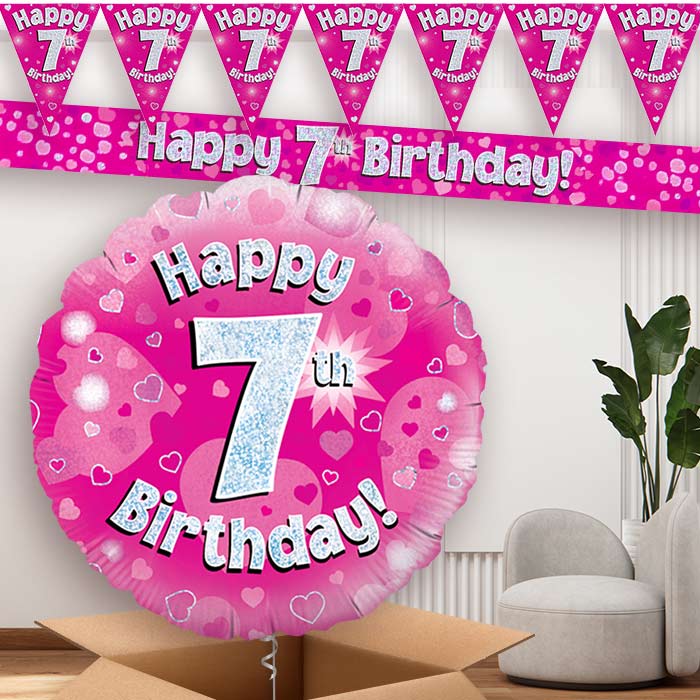 Pink Hearts 7th Birthday Banners and Balloon | Party Save Smile