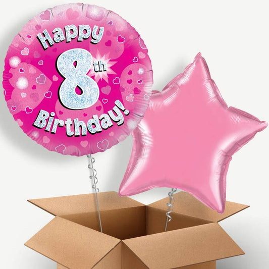 Happy 8th Birthday Pink Hearts Helium Balloon Pair | Party Save Smile