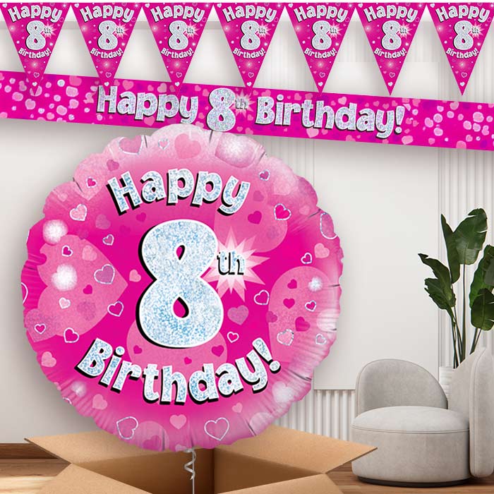 Pink Hearts 8th Balloon and Banners | Party Save Smile