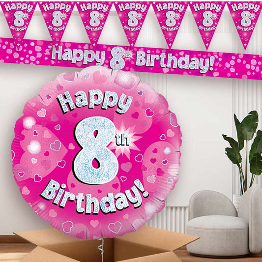 Pink Hearts 8th Balloon and Banners | Party Save Smile