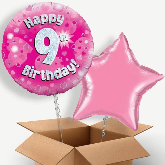 Happy 9th Birthday Pink Hearts Helium Balloon Pair | Party Save Smile