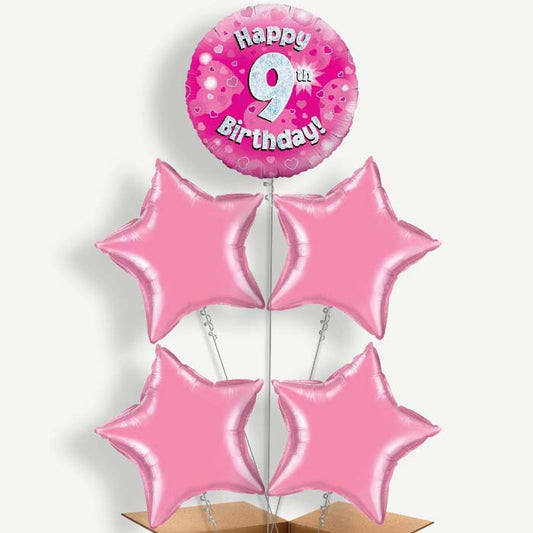 Happy 9th Birthday Pink Hearts Helium Cluster Balloons | Party Save Smile