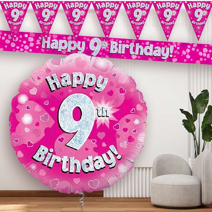 Pink Hearts 9th Birthday Balloon and Banners - Party Save Smile