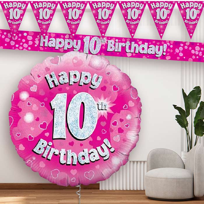 Pink Hearts 10th Birthday Balloon and Banners