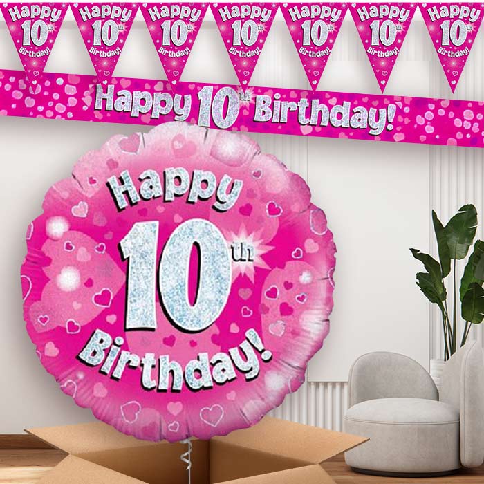 Pink Hearts 10th Birthday Balloon and Banners | Party Save Smile