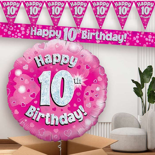 Pink Hearts 10th Birthday Balloon and Banners | Party Save Smile
