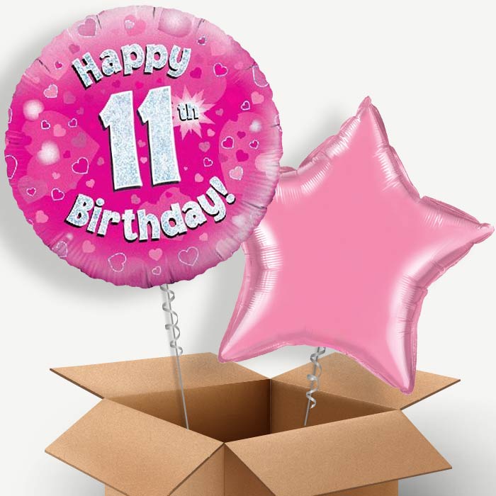 Happy 11th Birthday Pink Hearts Helium Balloon Duo | Party Save Smile