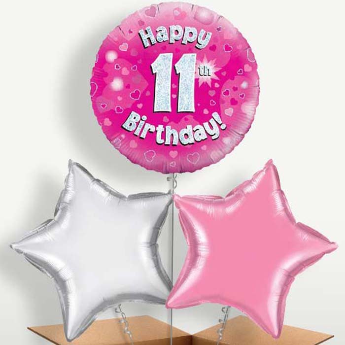 Happy 11th Birthday Pink Hearts Trio Balloon Bunch | Party Save Smile