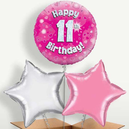 Happy 11th Birthday Pink Hearts Trio Balloon Bunch | Party Save Smile