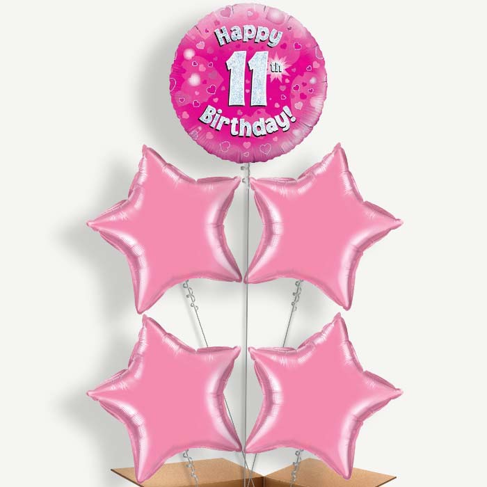Happy 11th Birthday Pink Hearts Helium Cluster Balloons | Party Save Smile