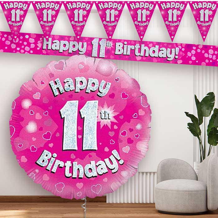 Pink Hearts 11th Birthday Balloon and Banners