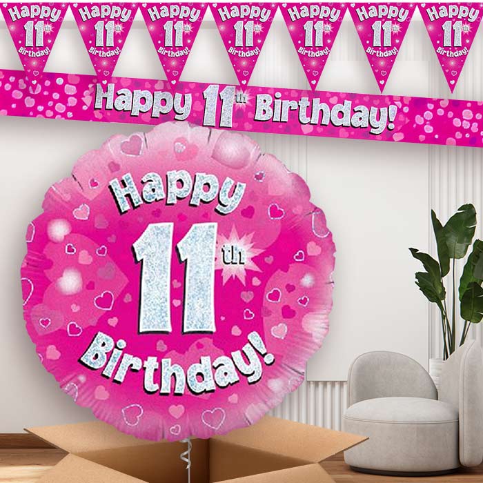 Pink Hearts 11th Birthday Balloon and Banners | Party Save Smile
