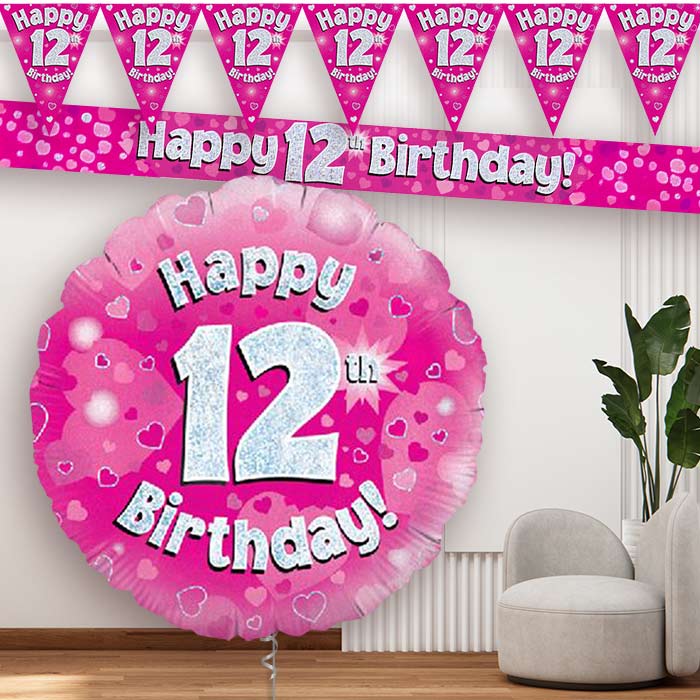 Pink Hearts 12th Birthday Balloon and Banners - Party Save Smile