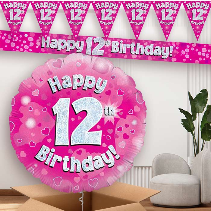 Pink Hearts 12th Birthday Balloon and Banners | Party Save Smile