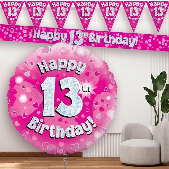 Pink Hearts 13th Birthday Banners Balloon