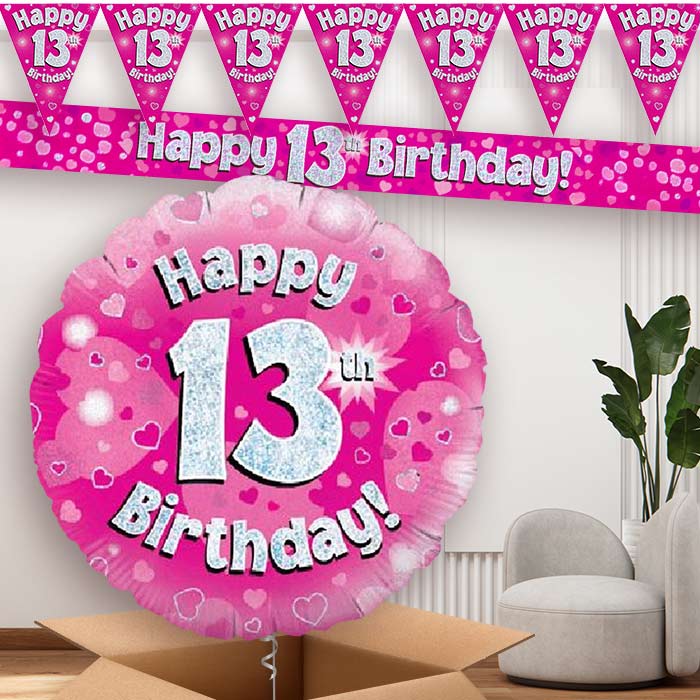 Pink Hearts 13th Birthday Banners Balloon | Party Save Smile