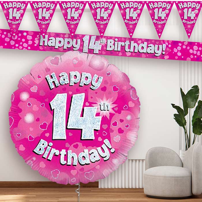 Pink Hearts 14th Birthday Balloon and Banners