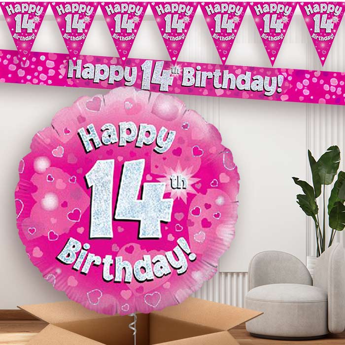 Pink Hearts 14th Birthday Balloon and Banners | Party Save Smile