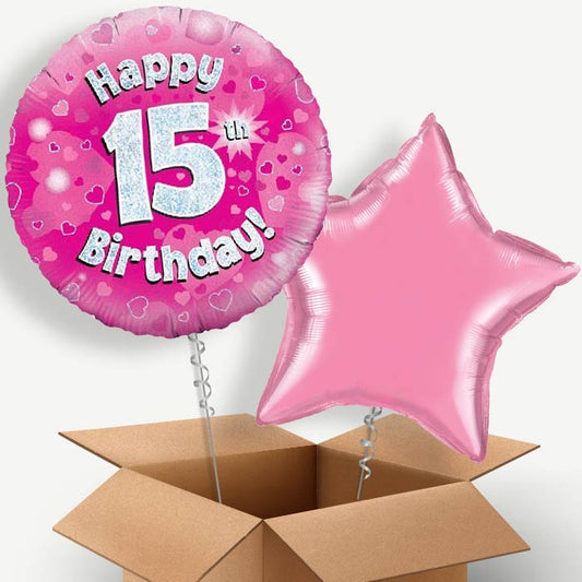 Happy 15th Birthday Pink Hearts Helium Balloon Duo | Party Save Smile