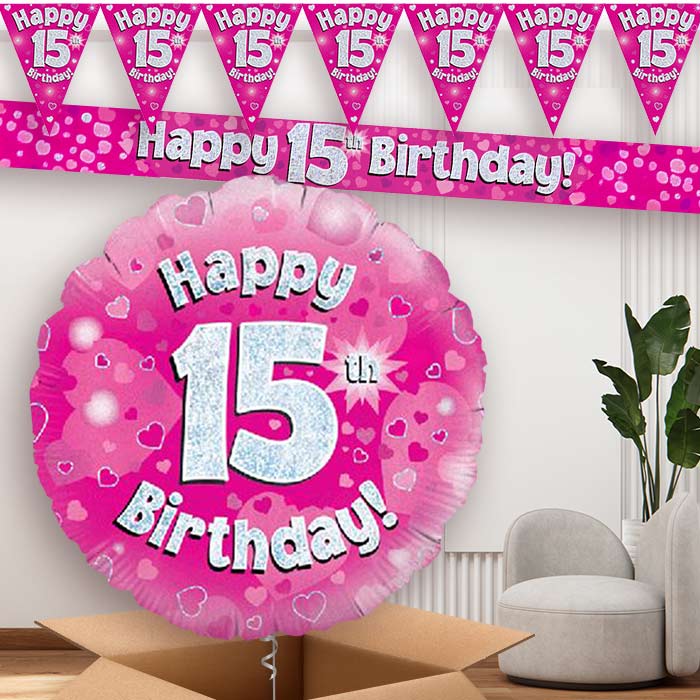 Pink Hearts 15th Birthday Balloon and Banners | Party Save Smile