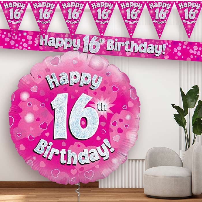 Pink Hearts 16th Birthday Balloon and Banners - Party Save Smile