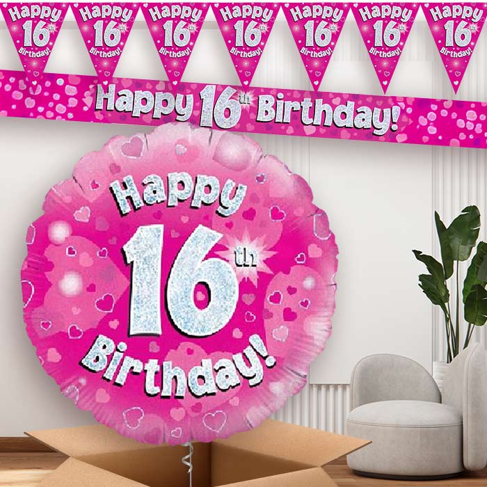 Pink Hearts 16th Birthday Balloon and Banners | Party Save Smile