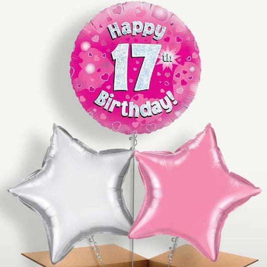 Happy 17th Birthday Pink Hearts Trio Balloon Bunch | Party Save Smile