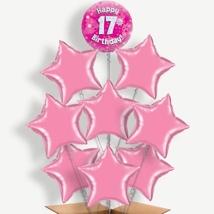 Happy 17th Birthday Pink Hearts Helium Balloon Bundle | Party Save Smile