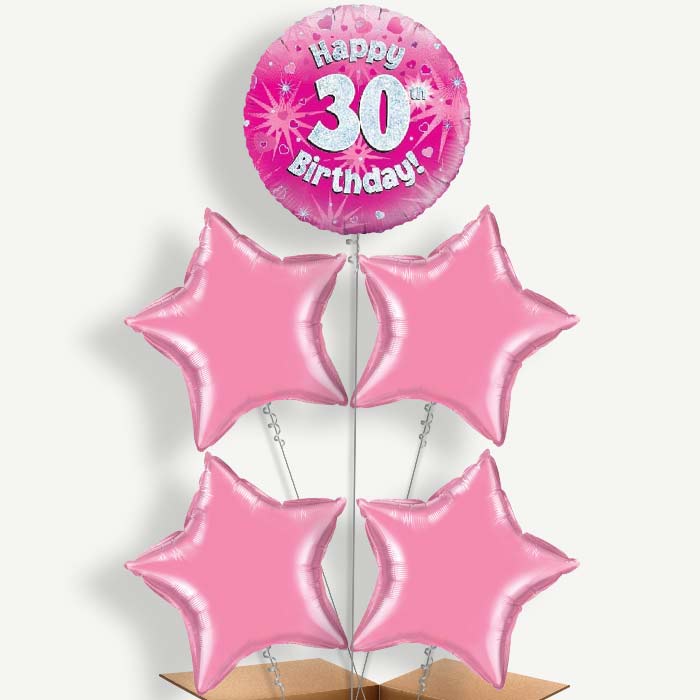 Happy 30th Birthday Pink Hearts Helium Cluster Balloons | Party Save Smile