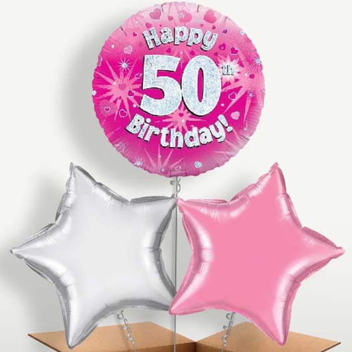 Happy 50th Birthday Pink Hearts Balloons in a Bunch | Party Save Smile
