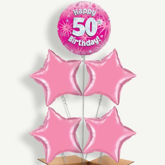 Happy 50th Birthday Pink Hearts Helium Cluster Balloons | Party Save Smile