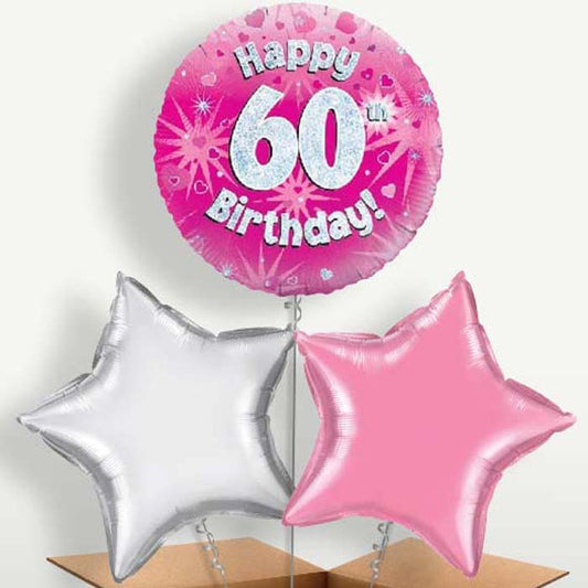 Happy 60th Birthday Pink Hearts Balloons in a Bunch | Party Save Smile