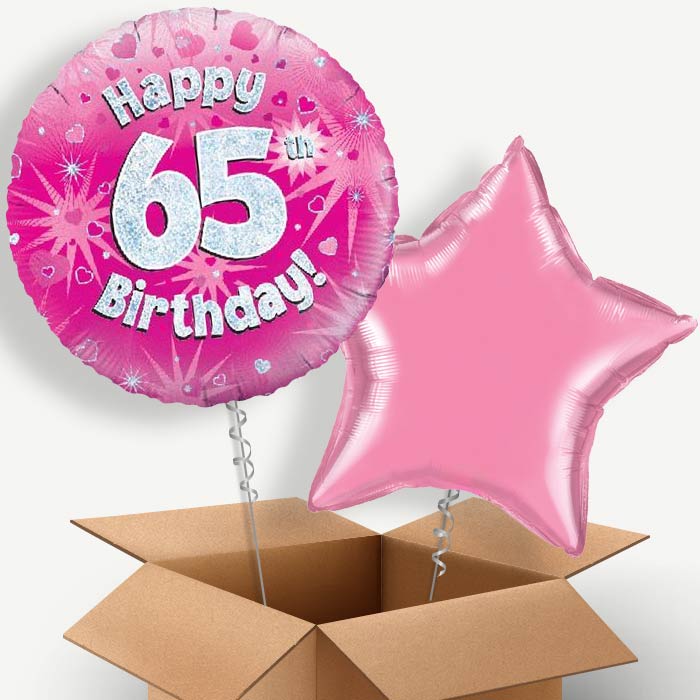 Happy 65th Birthday Pink Hearts Helium Balloon Duo | Party Save Smile