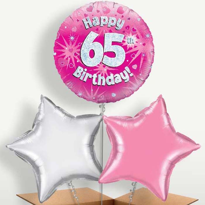 Happy 65th Birthday Pink Hearts Balloons in a Bunch | Party Save Smile