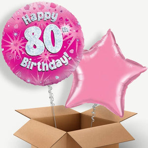Happy 80th Birthday Pink Hearts Helium Balloon Pair