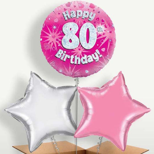Happy 80th Birthday Pink Hearts Balloons in a Bunch | Party Save Smile