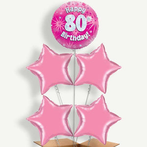 Happy 80th Birthday Pink Hearts 5 Helium Cluster Balloons