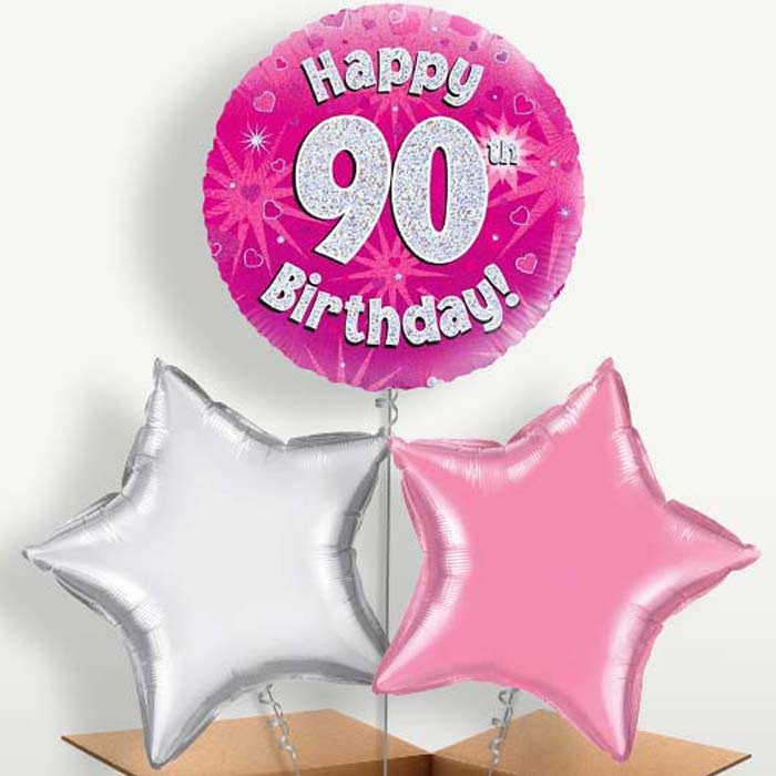 Happy 90th Birthday Pink Hearts Balloons in a Bunch | Party Save Smile