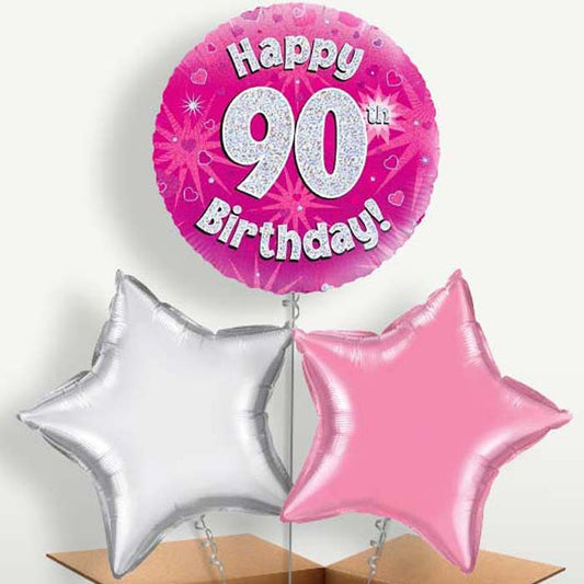 Happy 90th Birthday Pink Hearts Balloons in a Bunch | Party Save Smile