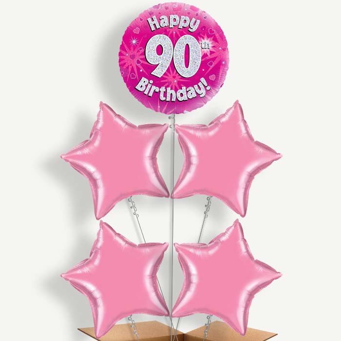 Happy 90th Birthday Pink Hearts Helium Cluster Balloons | Party Save Smile