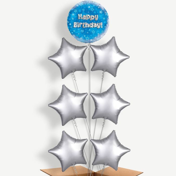 Happy Birthday Blue Stars Helium Balloon Arrangement | Party Save Smile