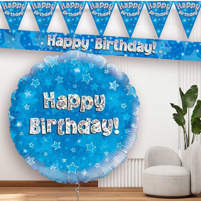 Blue Stars Happy Birthday Banner and Balloon