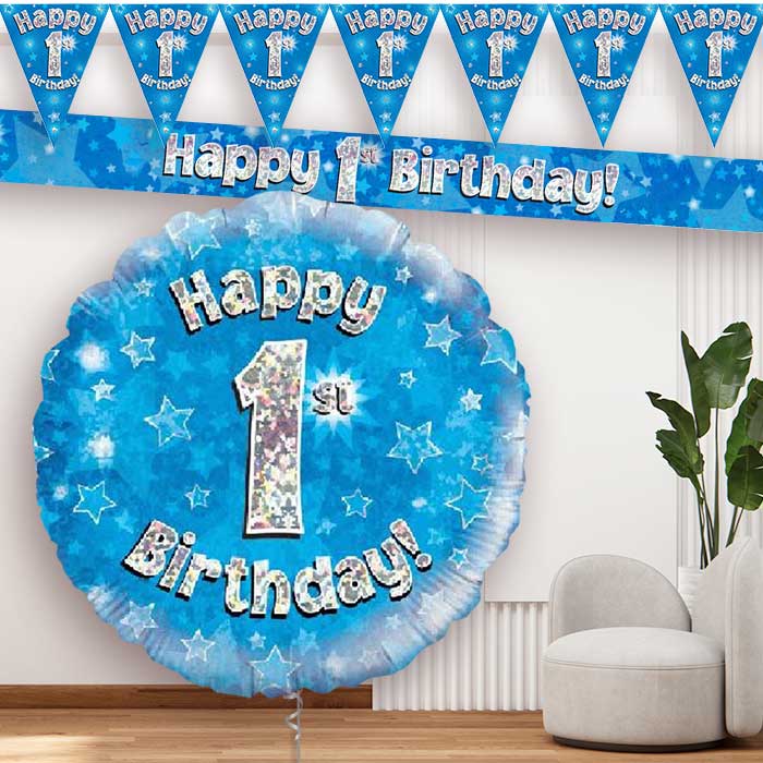 Blue Stars 1st Birthday Balloon and Banners