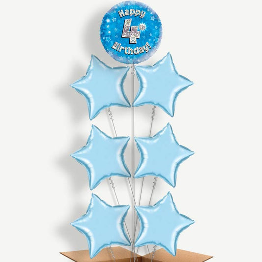 Happy 4th Birthday Blue Stars Helium Balloon Arrangement | Party Save Smile