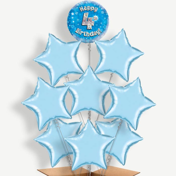 Happy 4th Birthday Blue Stars Helium Balloon Bundle | Party Save Smile