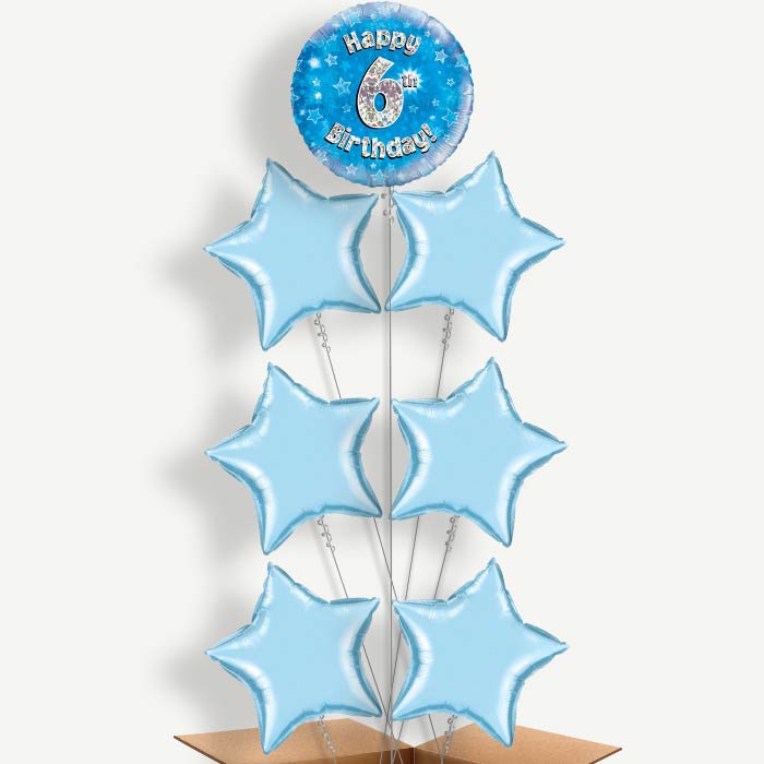 Happy 6th Birthday Blue Stars Helium Balloon Arrangement | Party Save Smile