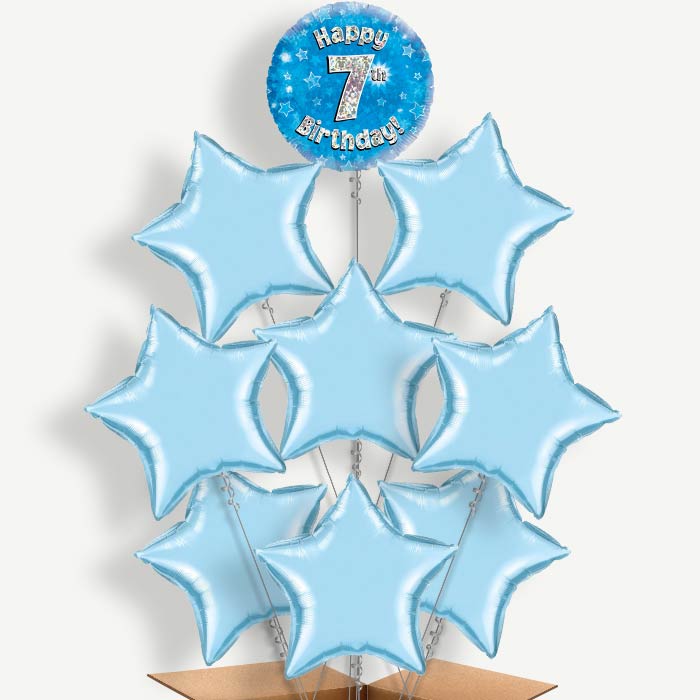 Happy 7th Birthday Blue Stars Helium Balloon Bundle | Party Save Smile