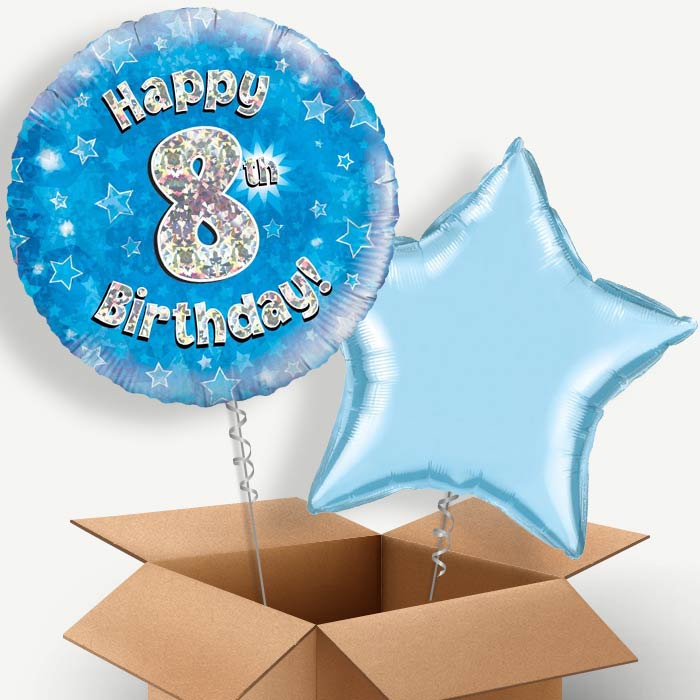 Happy 8th Birthday Blue Stars Helium Balloon Pair | Party Save Smile