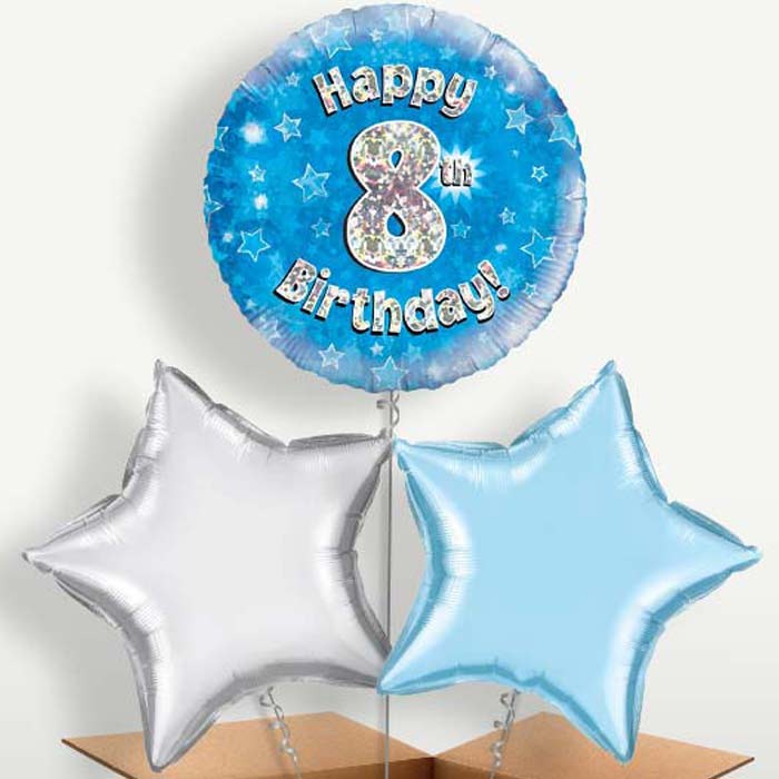 Happy 8th Birthday Blue Stars Balloons in a Bunch | Party Save Smile